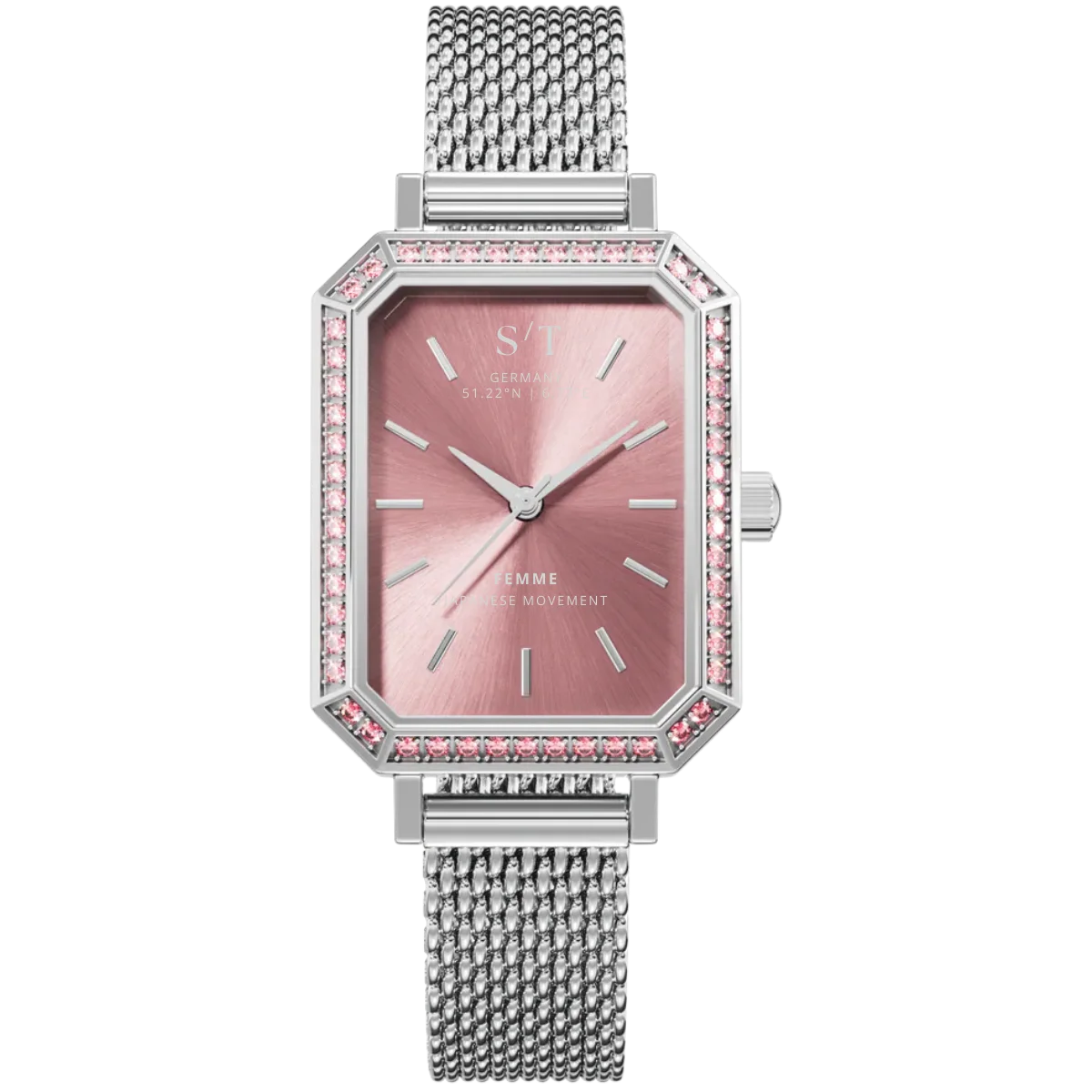 Damen Uhr Mesharmband Moissanite Silber Rosa