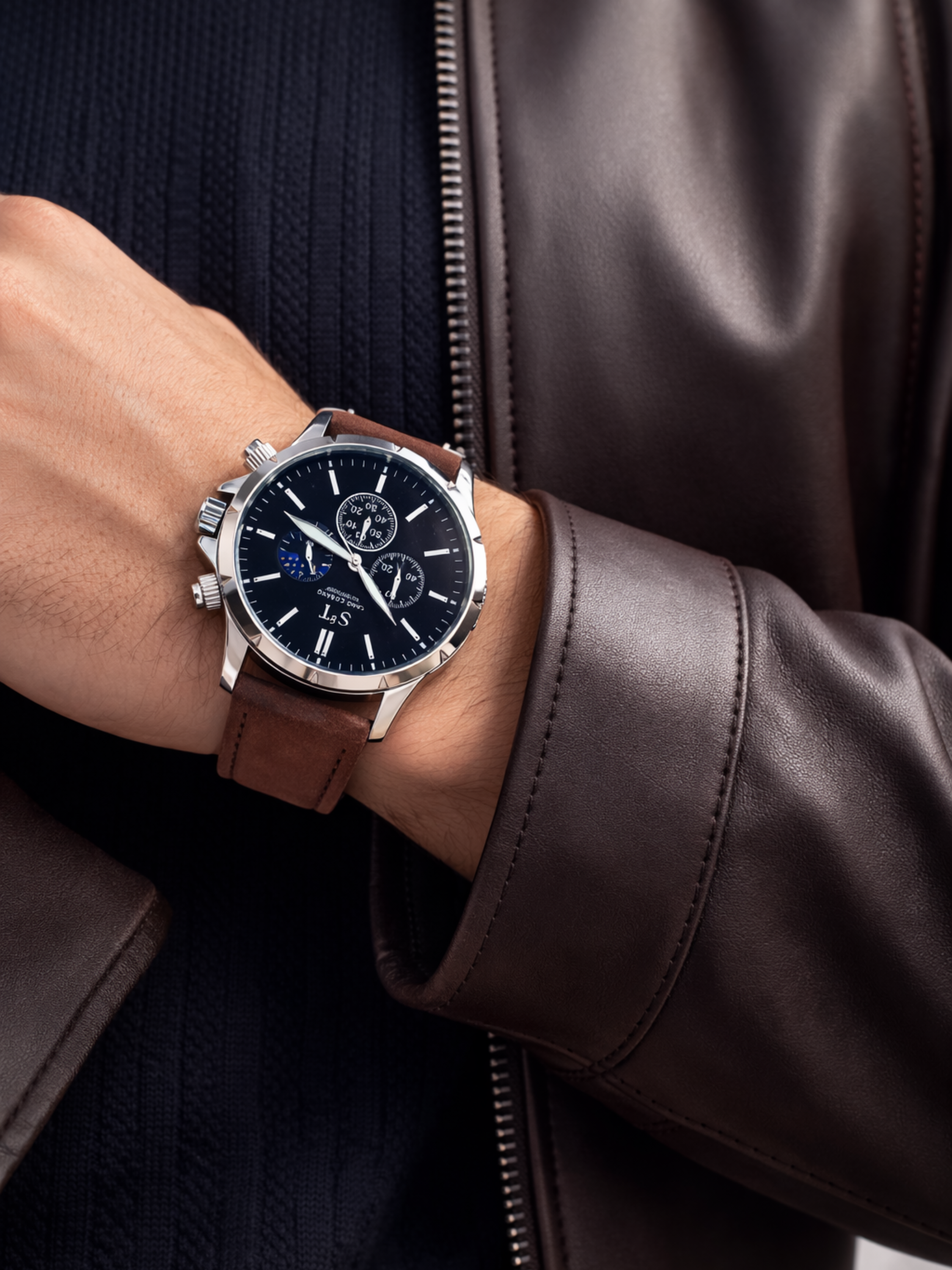 S&T Design Cano Cobano Chronograph Herren Uhr 43 mm Blau Edelstahl Quarz 3 BAR