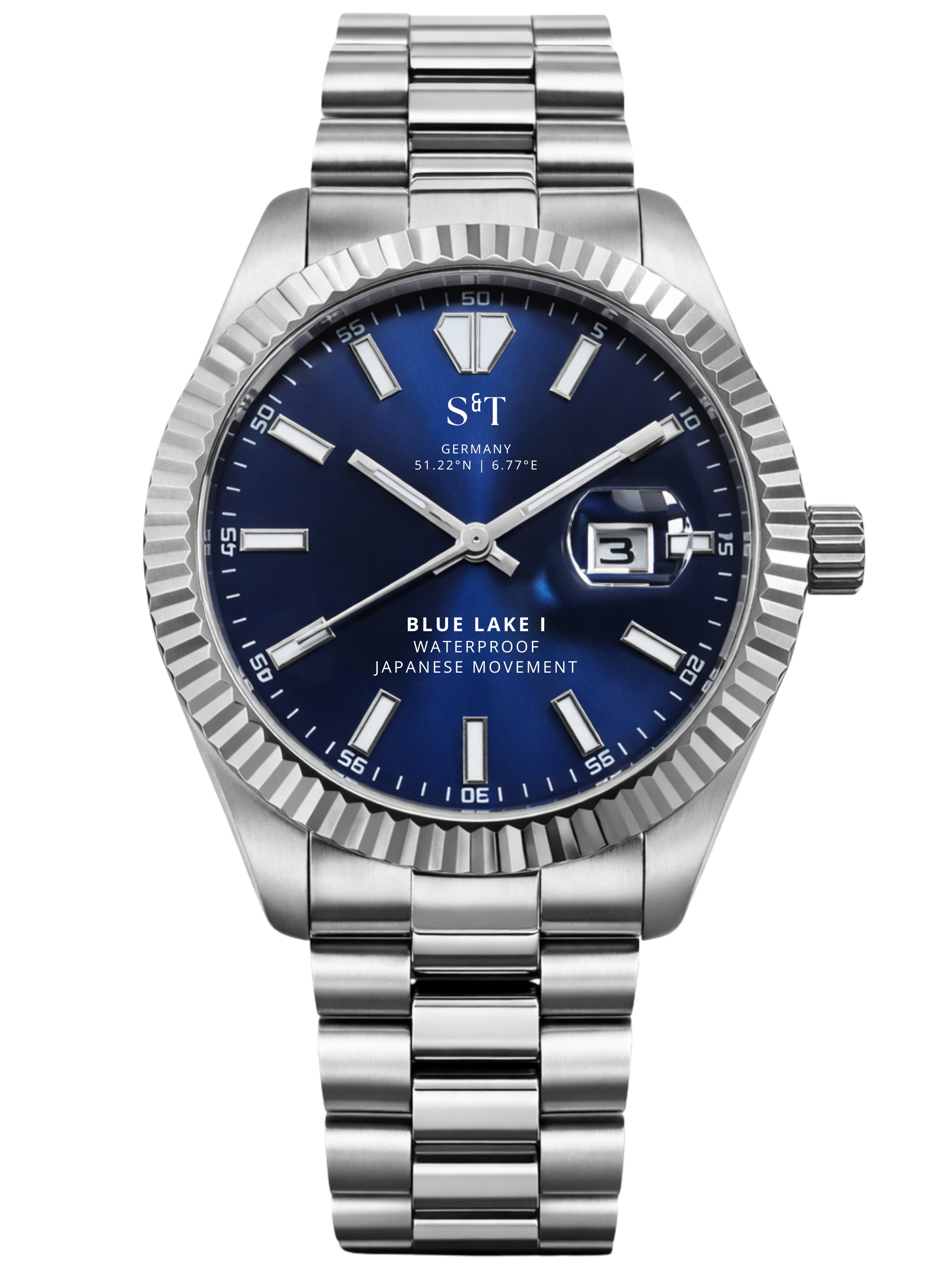 Herren Uhr Japanisches Uhrenwerk Blue Lake 1 Edelstahl Datum Wasserdicht