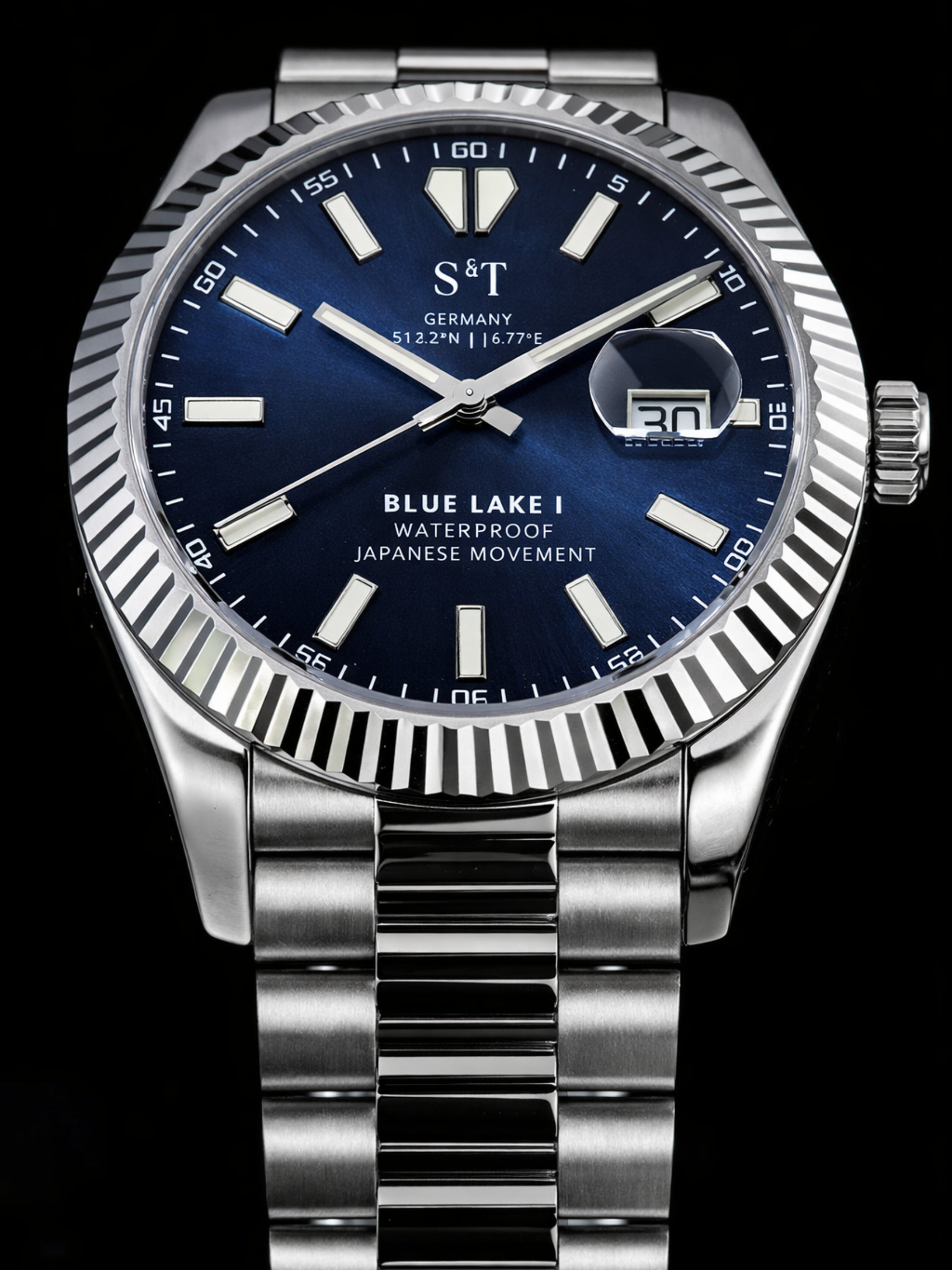 Herren Uhr Japanisches Uhrenwerk Blue Lake 1 Edelstahl Datum Wasserdicht