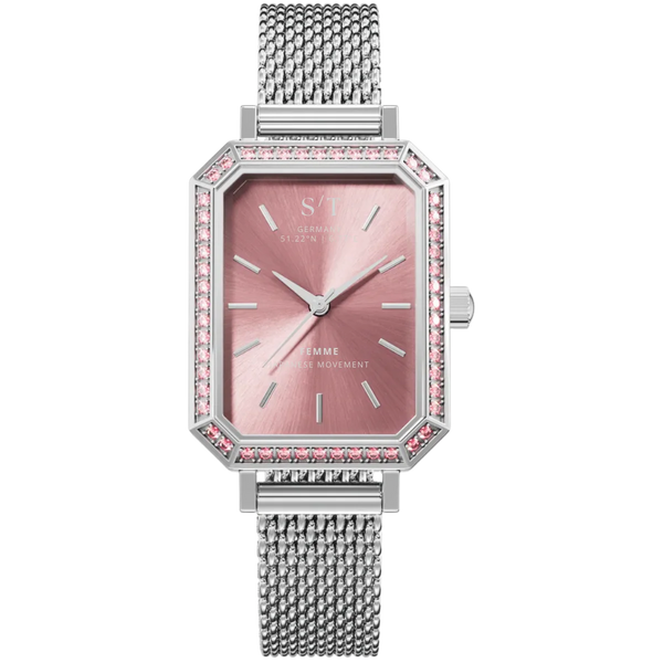 Damen Uhr Mesharmband Moissanite Silber Rosa