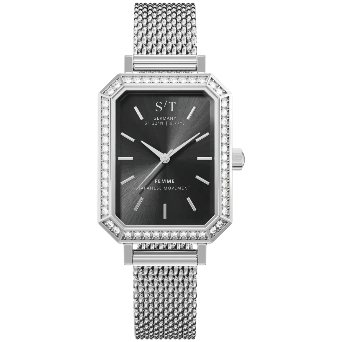 Damen Uhr Mesharmband Moissanite Silber Schwarz