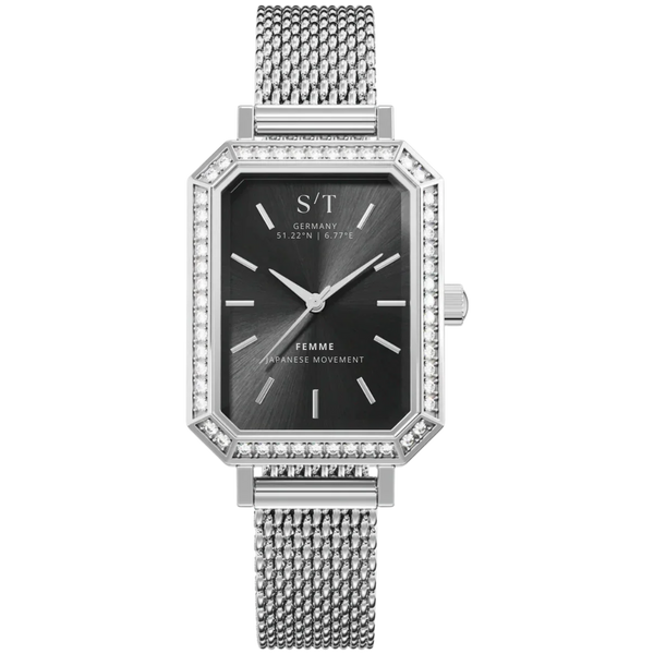 Damen Uhr Mesharmband Moissanite Silber Schwarz