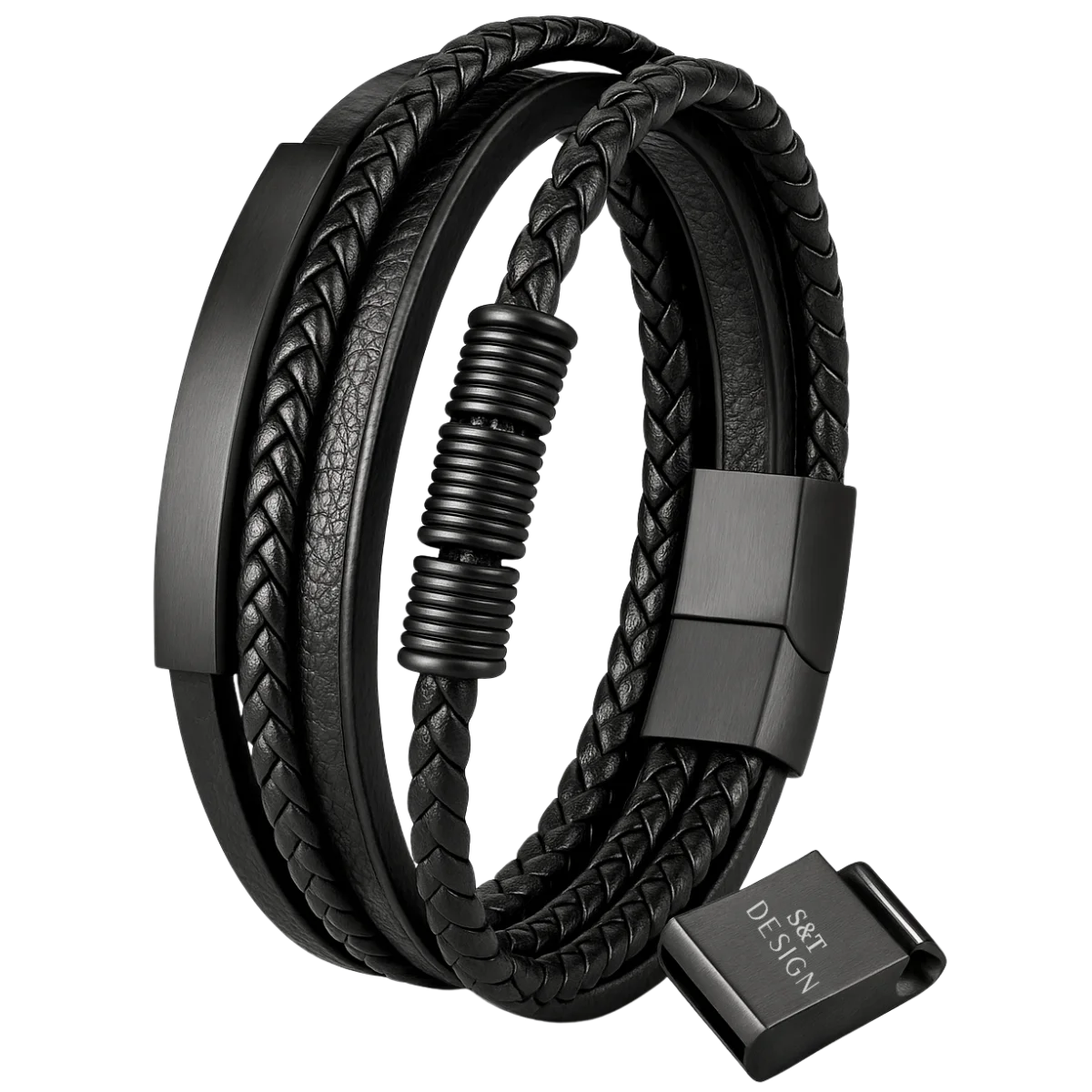 Men's black leather bracelet with extension