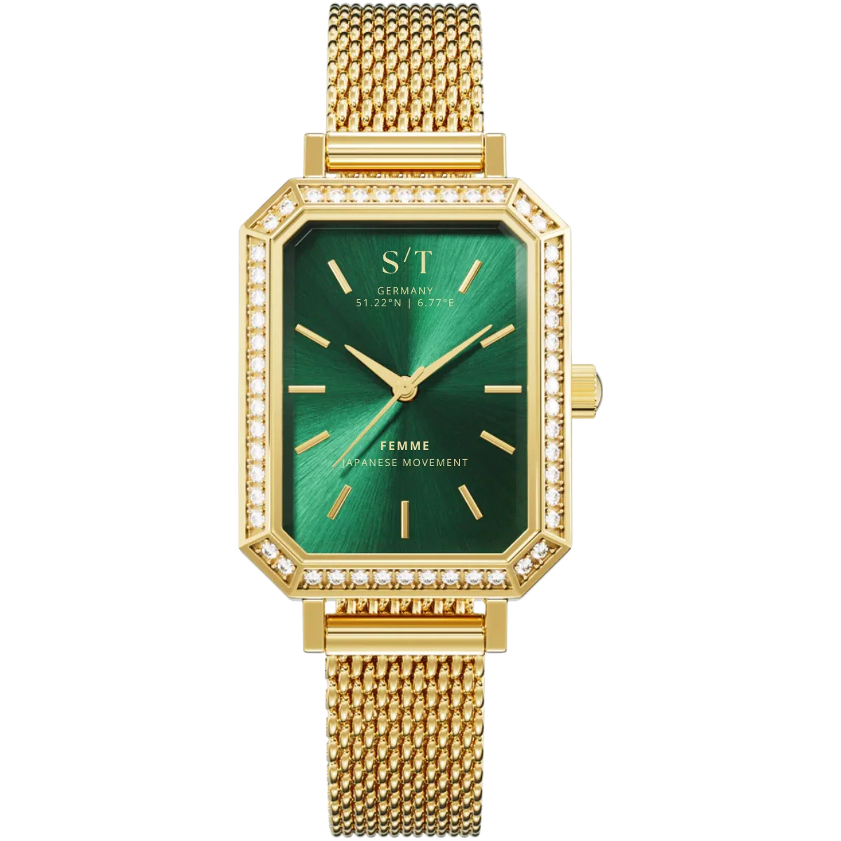 Damen Uhr Mesharmband Moissanite Gold Grün