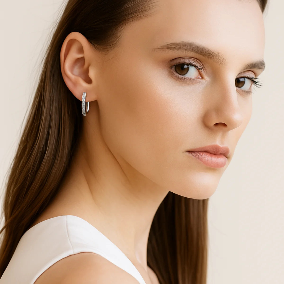Women's earrings white gold half hoops with moissanite