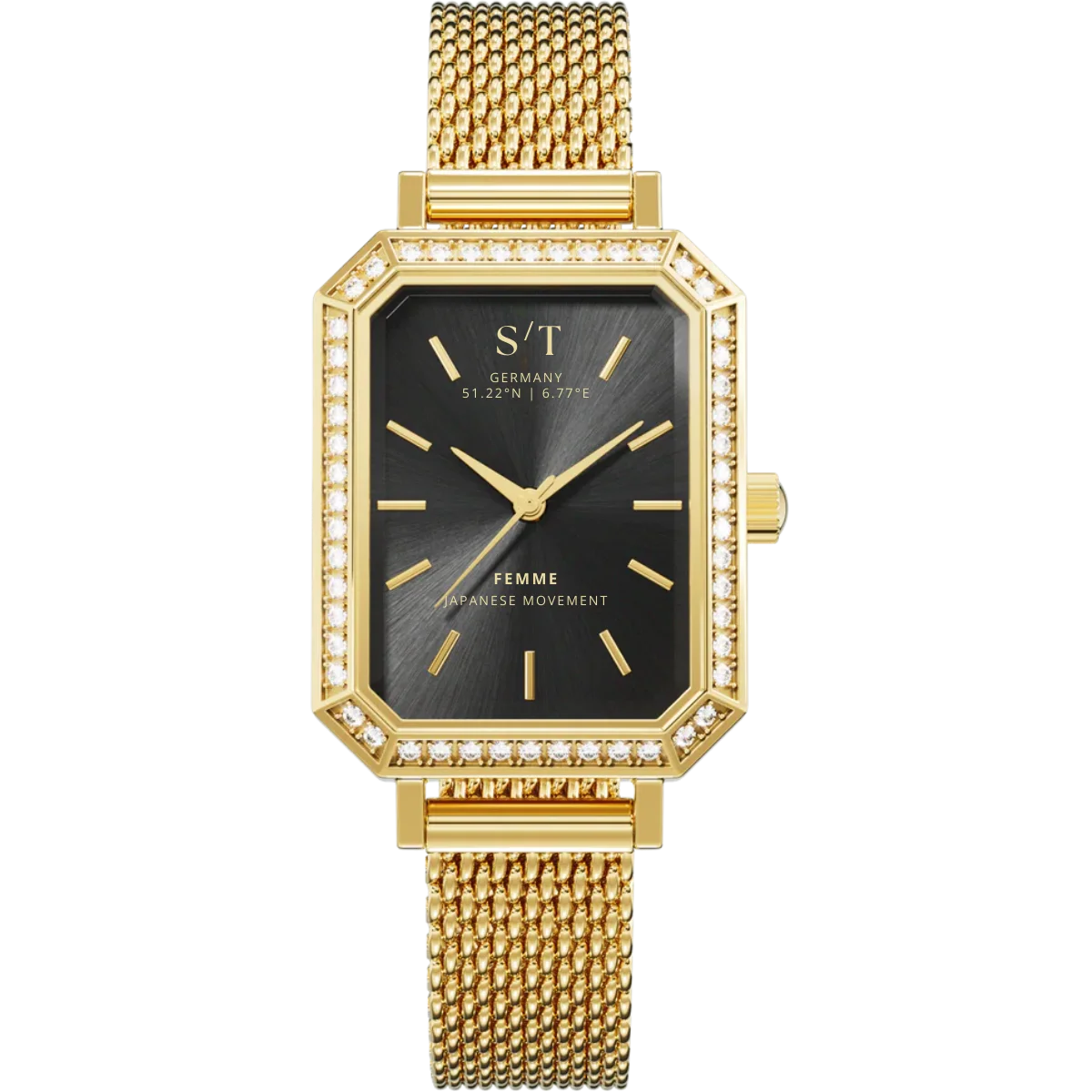 Damen Uhr Mesharmband Moissanite Gold Schwarz