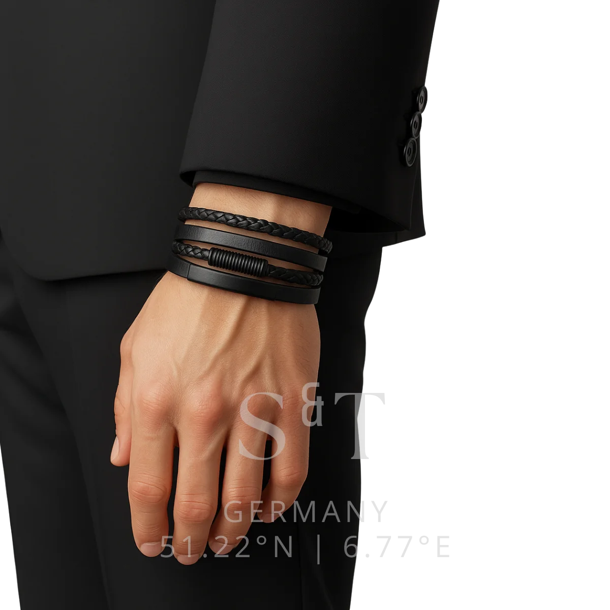 Men's black leather bracelet with extension