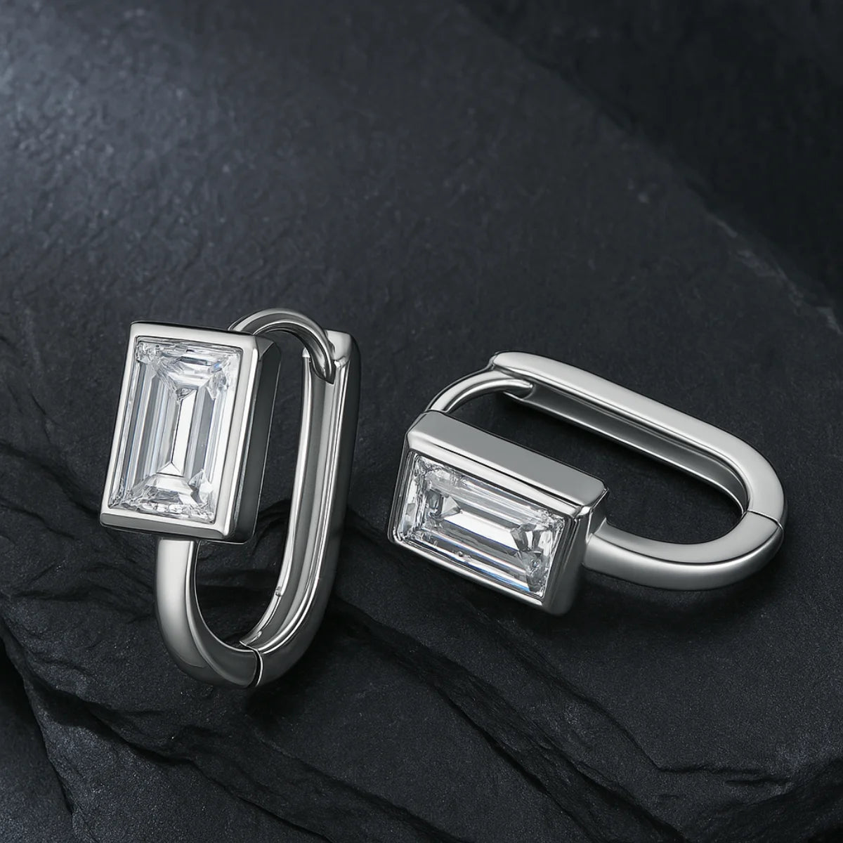Women's hoop earrings with rectangular moissanite