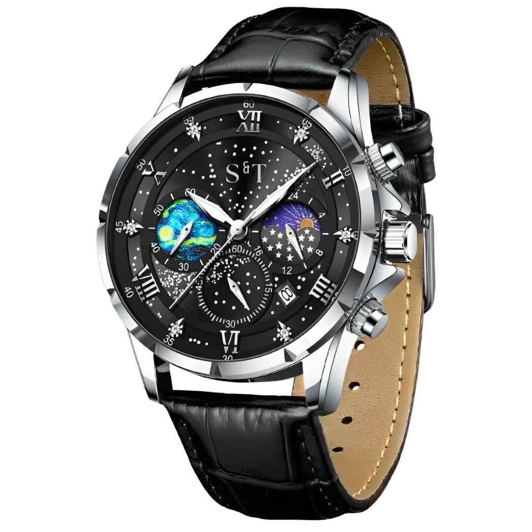 Chronograph Herrenuhr Mansa Lux mit Lederarmband Schwarz
