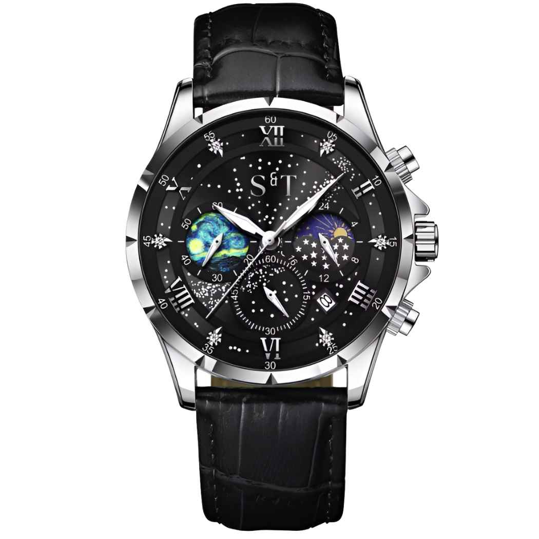 Chronograph Herrenuhr Mansa Lux mit Lederarmband Schwarz