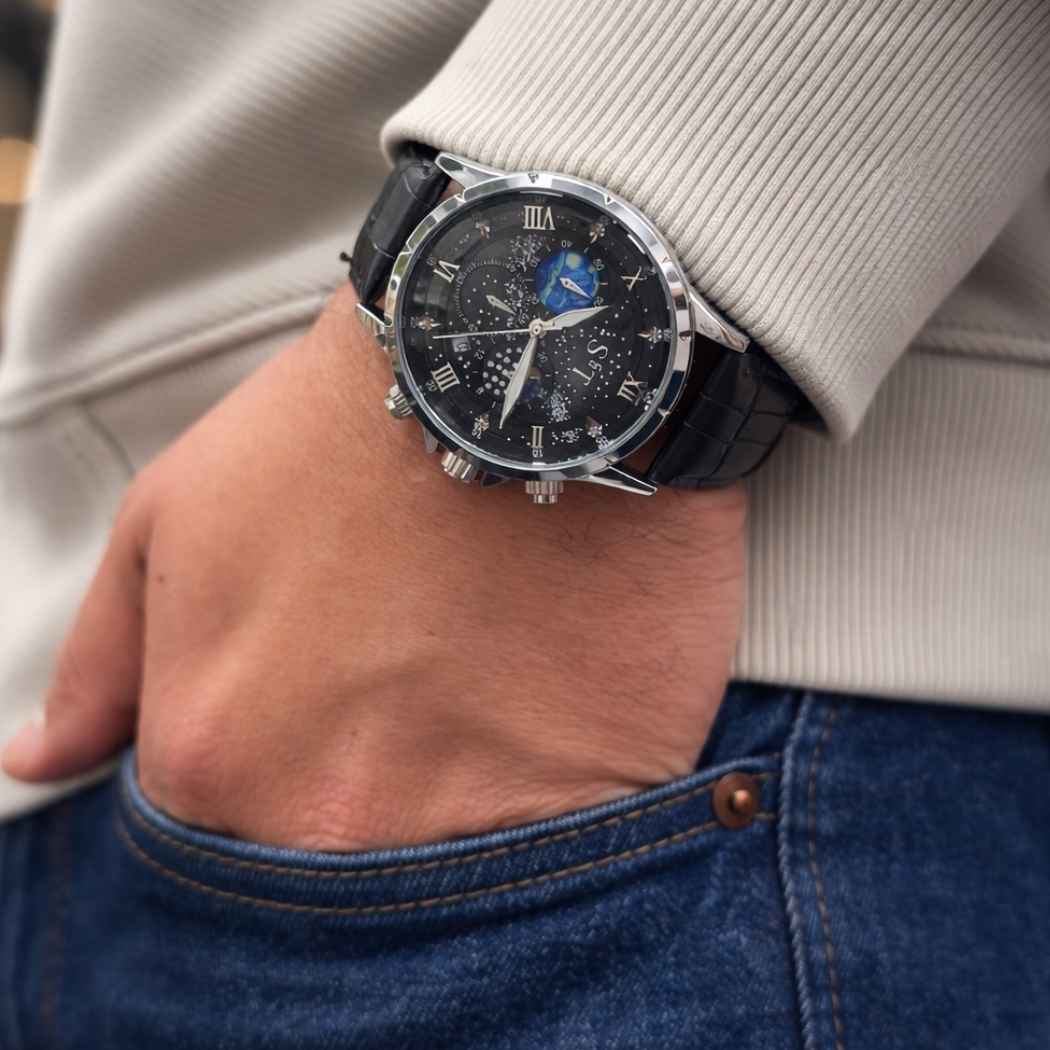 Chronograph Herrenuhr Mansa Lux mit Lederarmband Schwarz