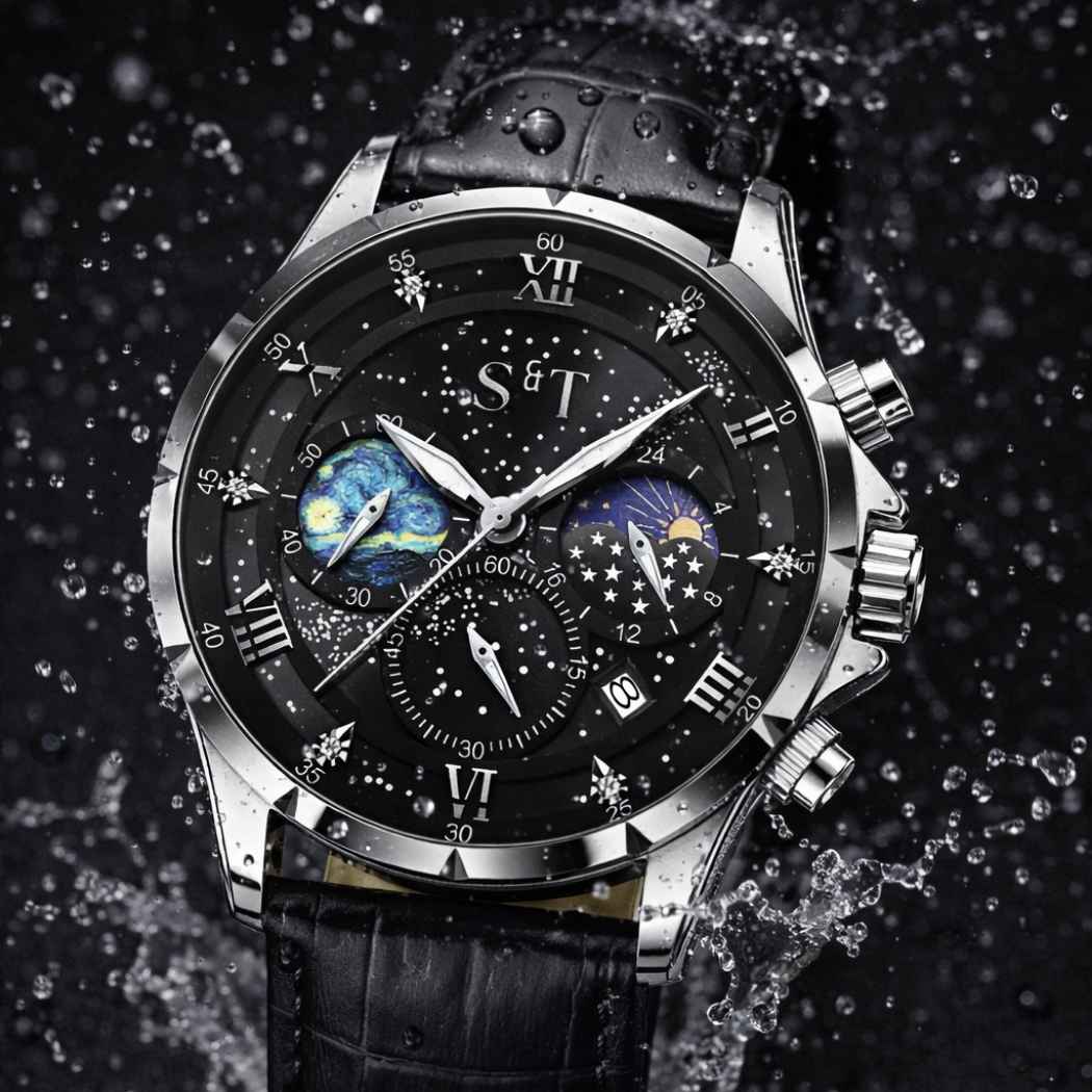 Chronograph Herrenuhr Mansa Lux mit Lederarmband Schwarz