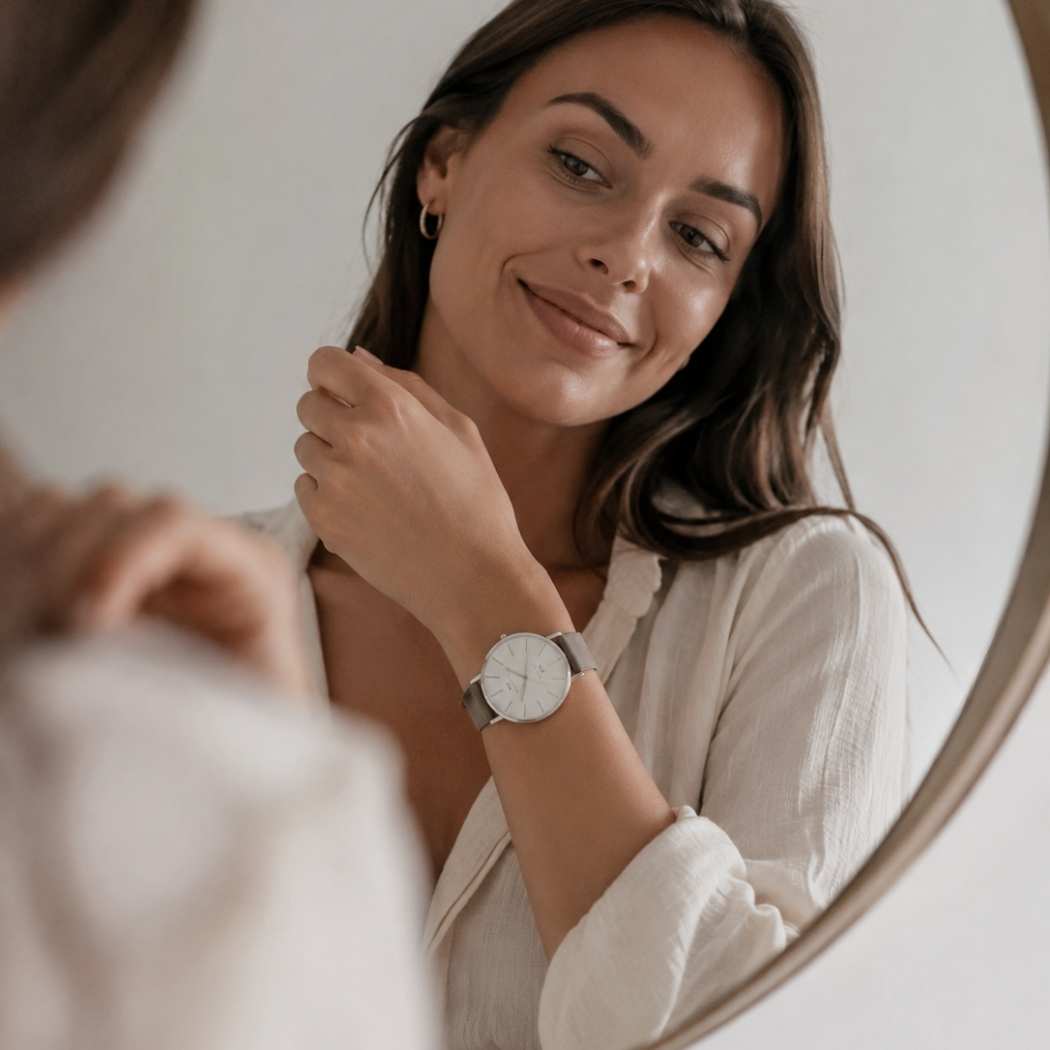 Dünne Damenuhr mit weichem Armband Grau