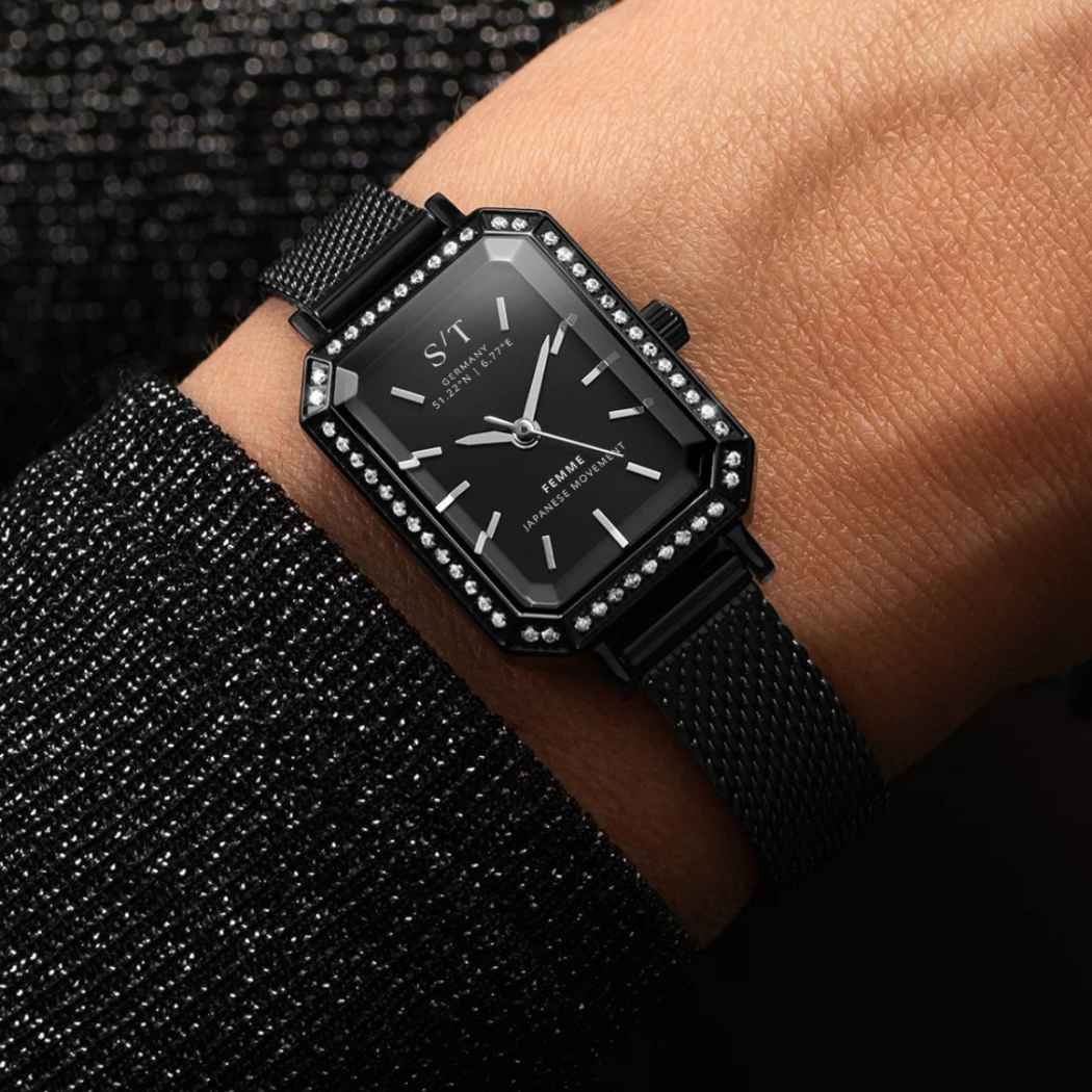 Elegante Damenuhr mit Mesh-Armband Schwarz