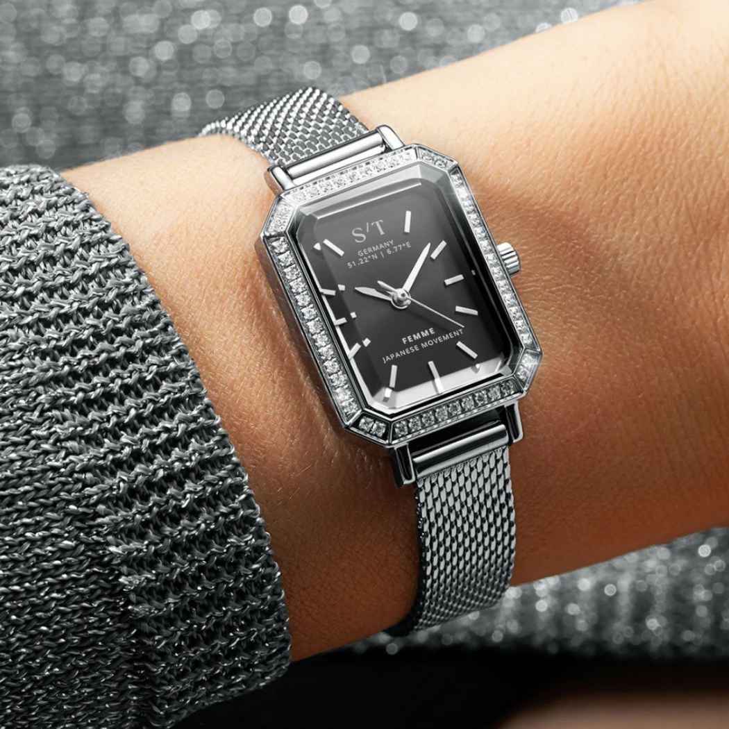 Elegante Damenuhr mit Mesh-Armband Grau