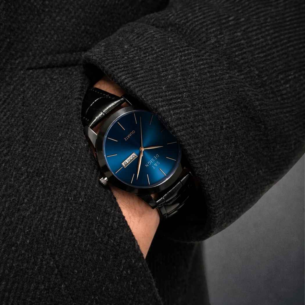 Klassische Herrenuhr mit Lederarmband Dunkelblau