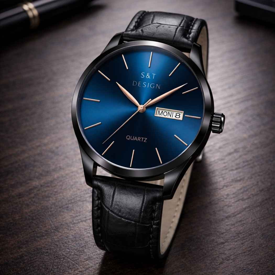 Klassische Herrenuhr mit Lederarmband Dunkelblau