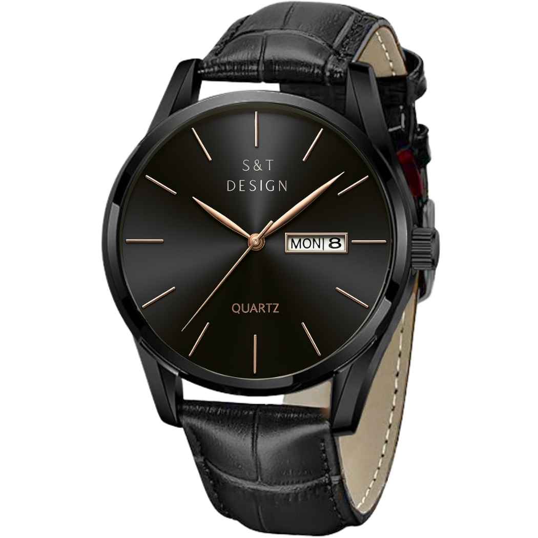 Klassische Herrenuhr mit Lederarmband Schwarz