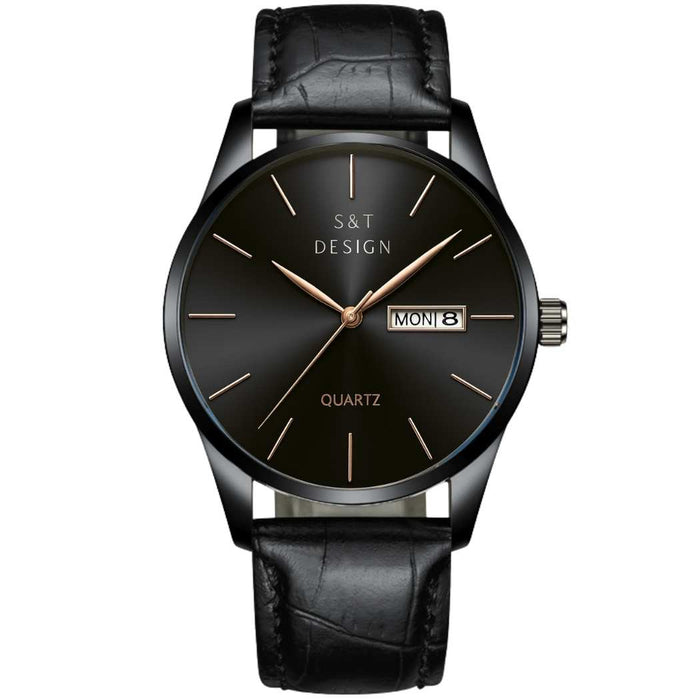 Klassische Herrenuhr mit Lederarmband Schwarz