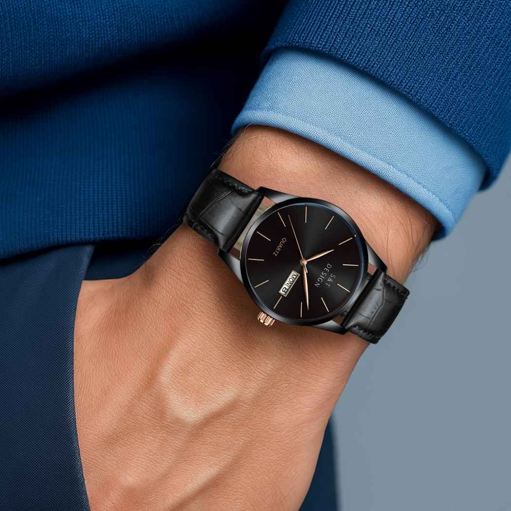 Klassische Herrenuhr mit Lederarmband Schwarz