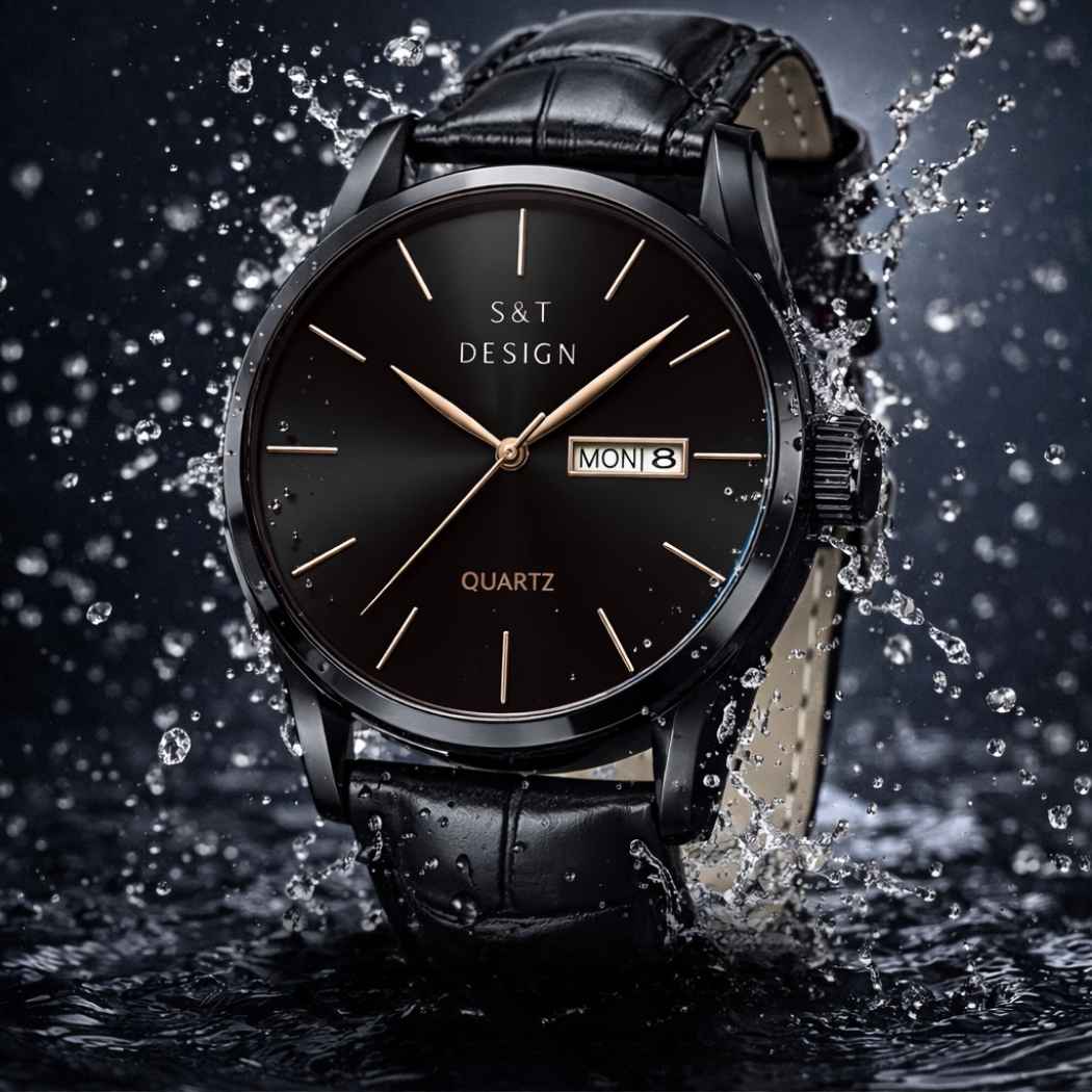 Klassische Herrenuhr mit Lederarmband Schwarz