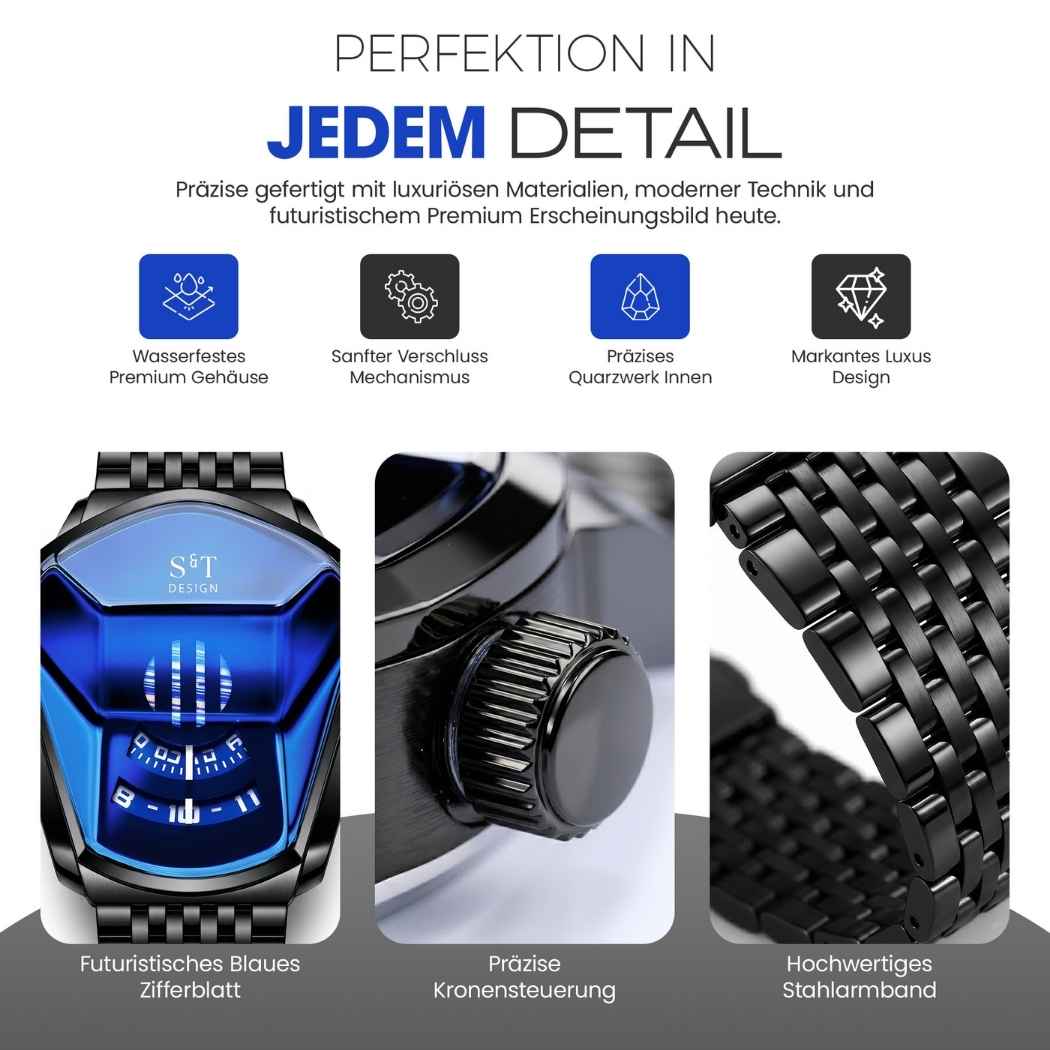 Moderne Herrenuhr aus Edelstahl Schwarz