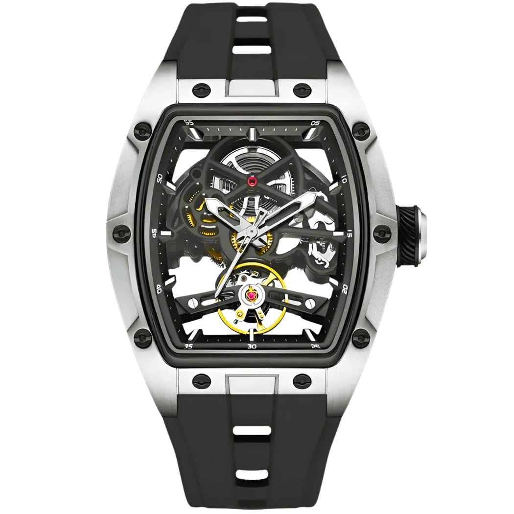 Rechteckige RM Skelett Uhr mit Silikonarmband Silber