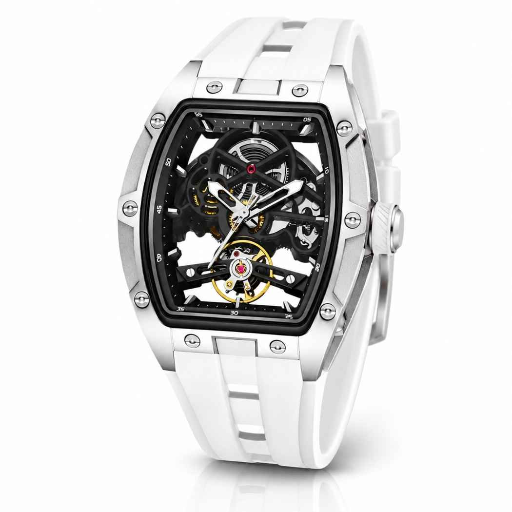 Rechteckige RM Skelett Uhr mit Silikonarmband Weiss