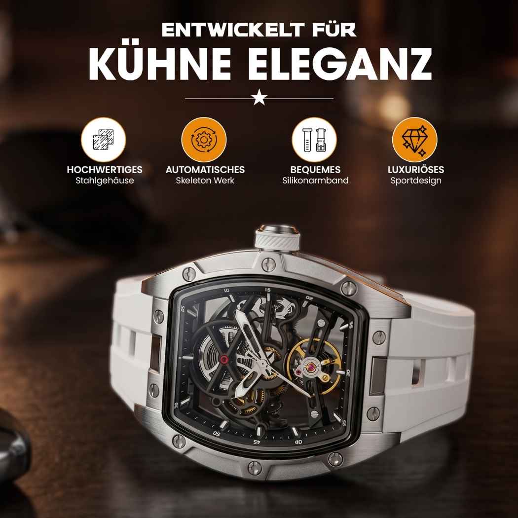 Rechteckige RM Skelett Uhr mit Silikonarmband Weiss
