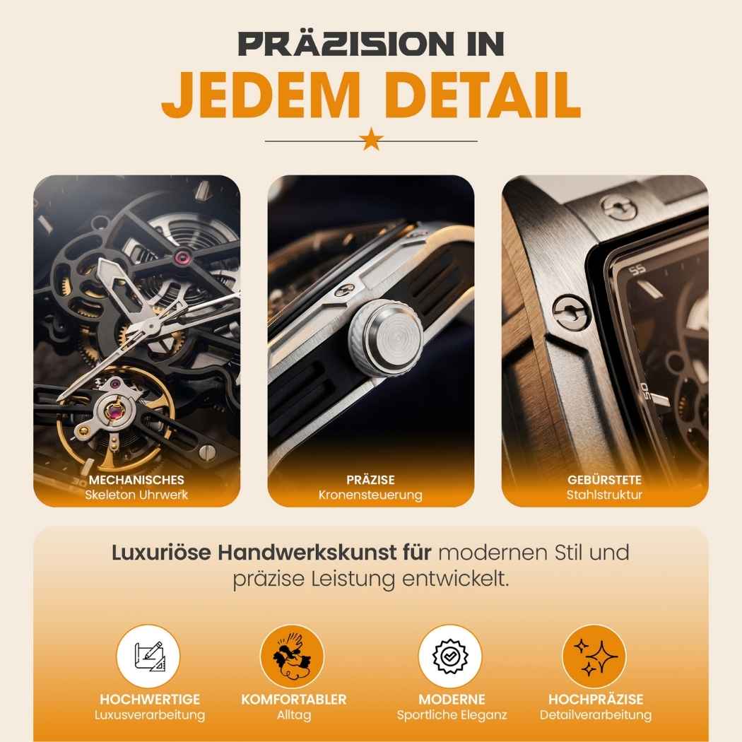 Rechteckige RM Skelett Uhr mit Silikonarmband Weiss