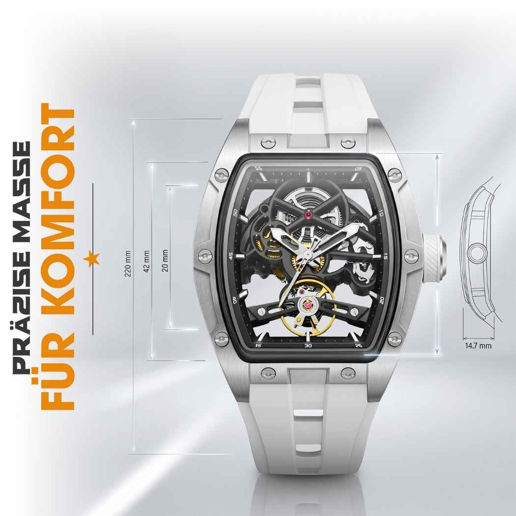 Rechteckige RM Skelett Uhr mit Silikonarmband Weiss