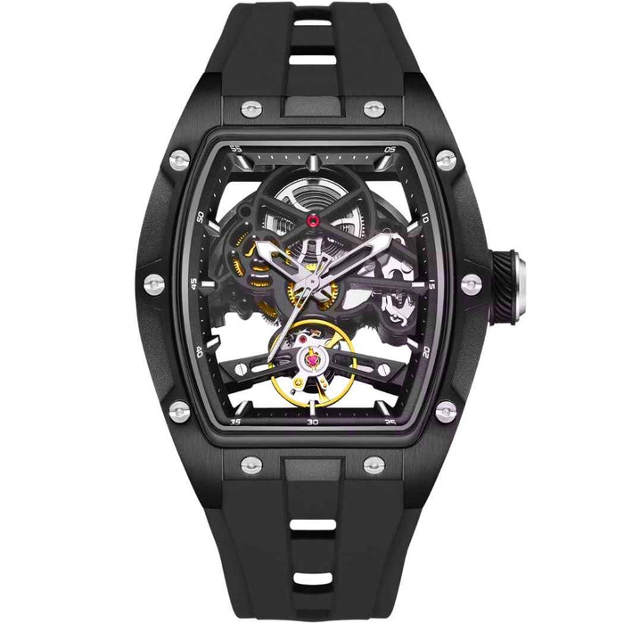 Rechteckige RM Skelett Uhr mit Silikonarmband Schwarz