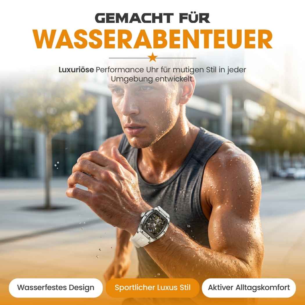 Rechteckige RM Skelett Uhr mit Silikonarmband Weiss