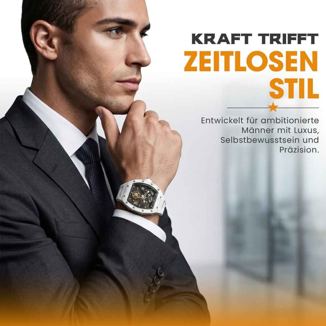 Rechteckige RM Skelett Uhr mit Silikonarmband Weiss