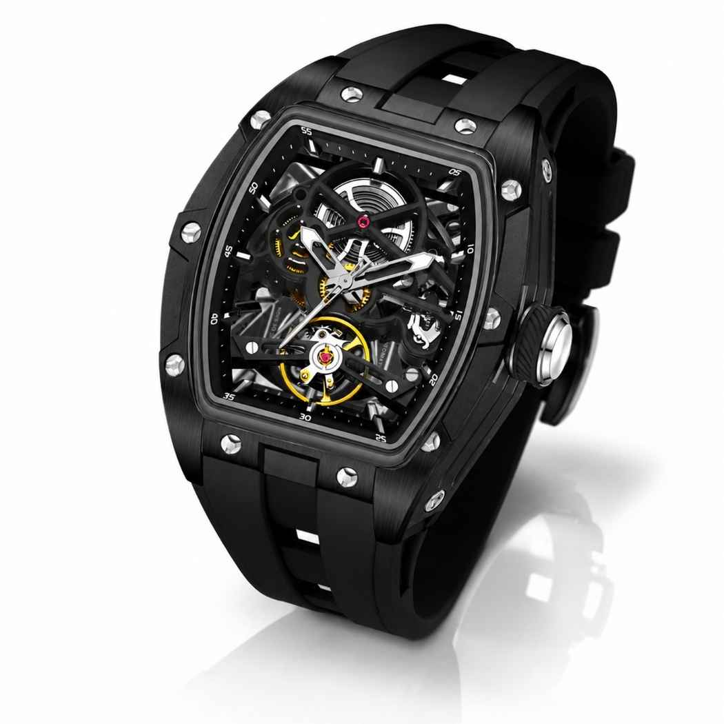 Rechteckige RM Skelett Uhr mit Silikonarmband Schwarz
