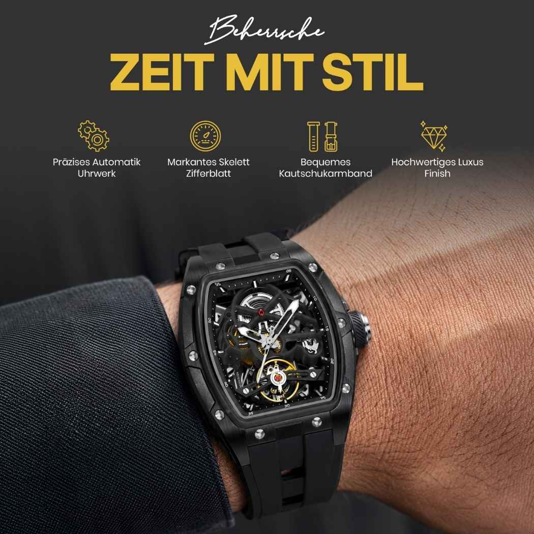 Rechteckige RM Skelett Uhr mit Silikonarmband Schwarz