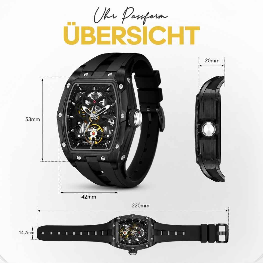 Rechteckige RM Skelett Uhr mit Silikonarmband Schwarz