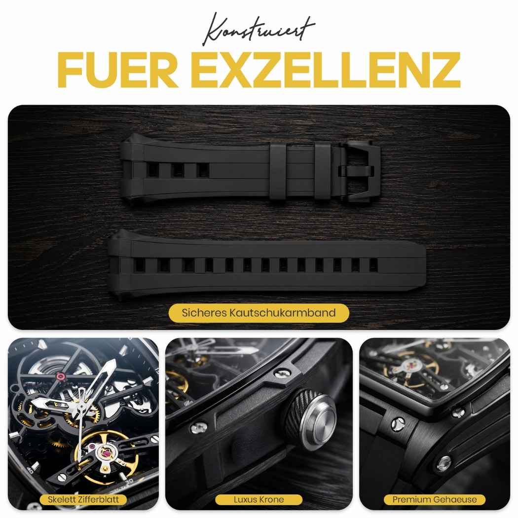 Rechteckige RM Skelett Uhr mit Silikonarmband Schwarz