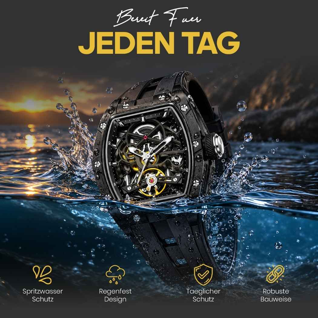 Rechteckige RM Skelett Uhr mit Silikonarmband Schwarz