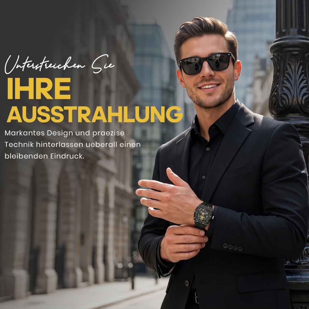 Rechteckige RM Skelett Uhr mit Silikonarmband Schwarz