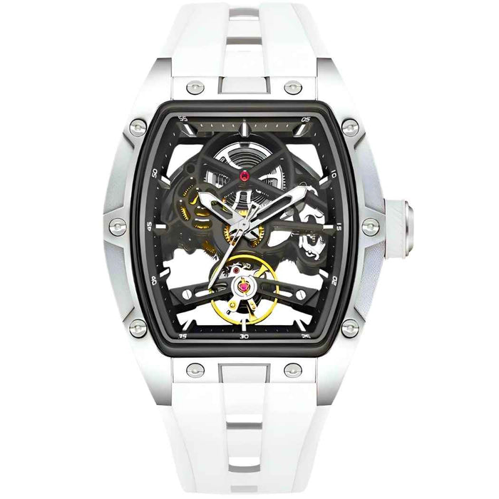 Rechteckige RM Skelett Uhr mit Silikonarmband Weiss