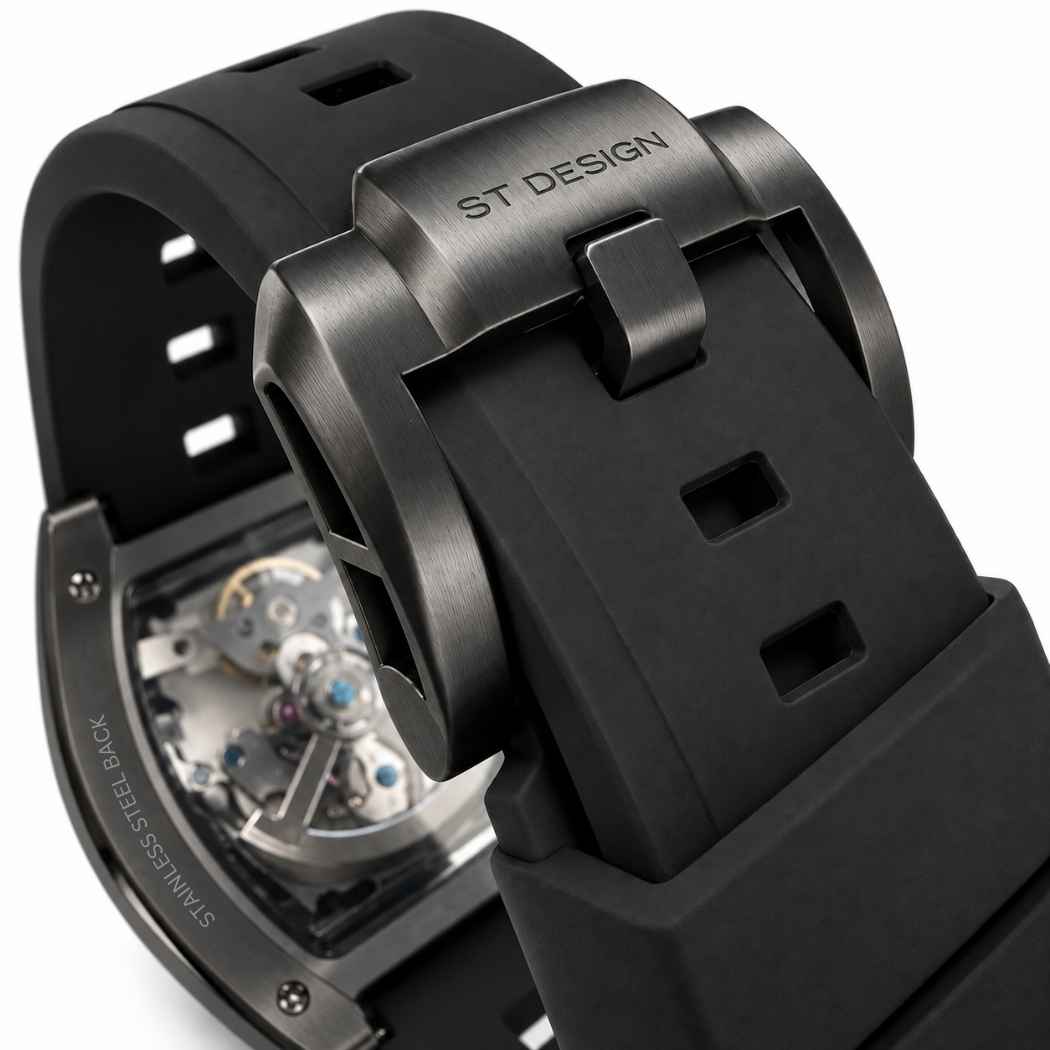 Rechteckige Herrenuhr Skelett mit Silikonarmband Schwarz
