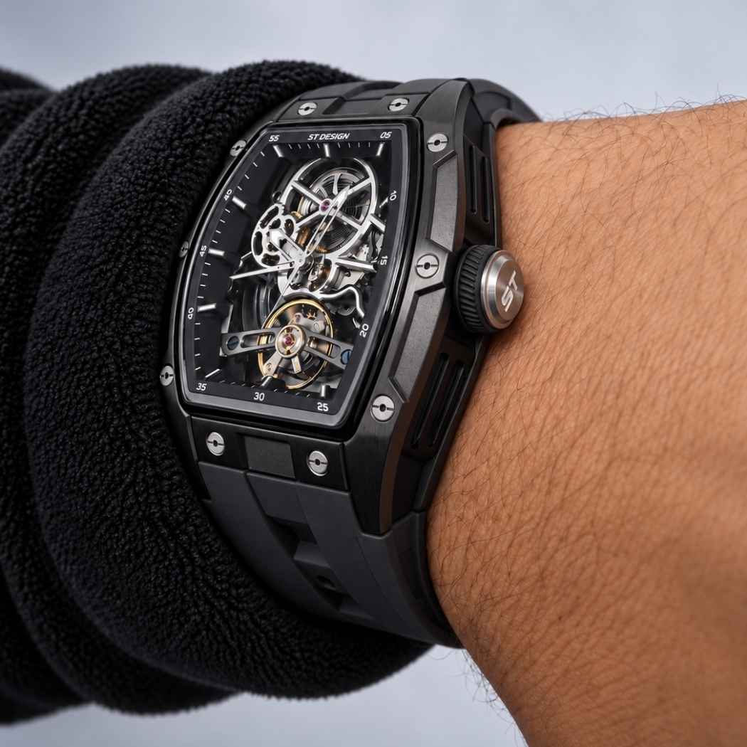 Rechteckige Herrenuhr Skelett mit Silikonarmband Schwarz