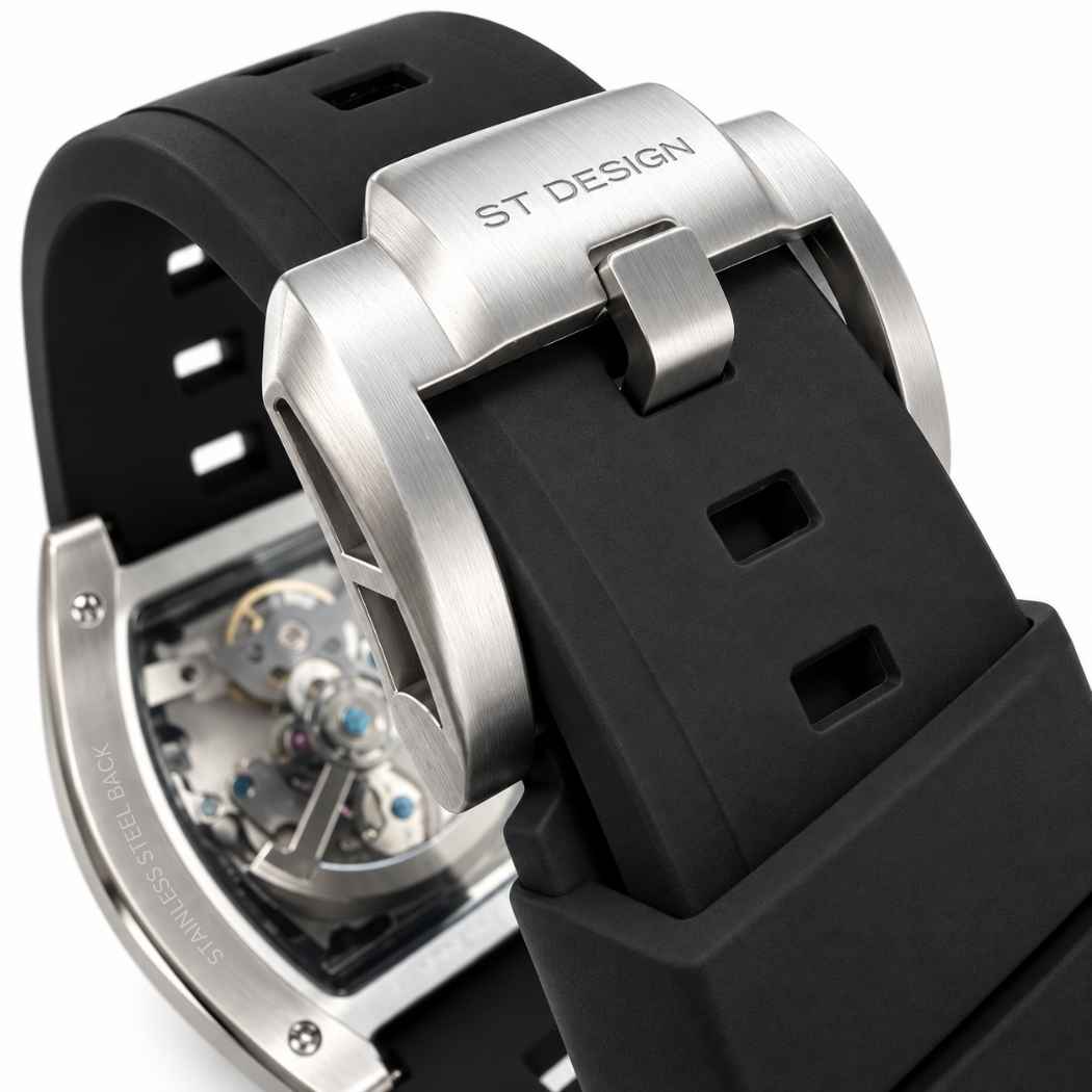 Rechteckige Herrenuhr Skelett mit Silikonarmband Silber