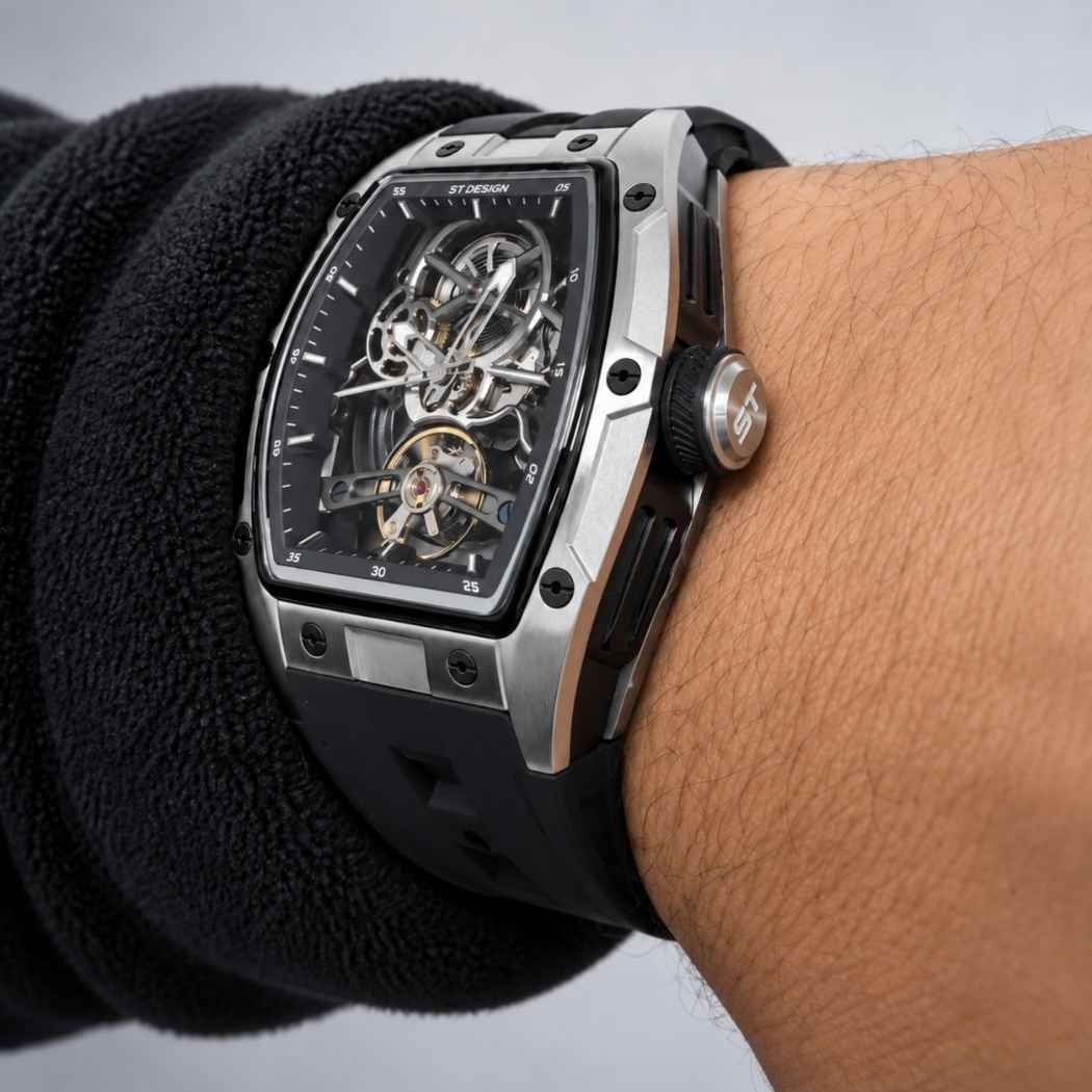 Rechteckige Herrenuhr Skelett mit Silikonarmband Silber