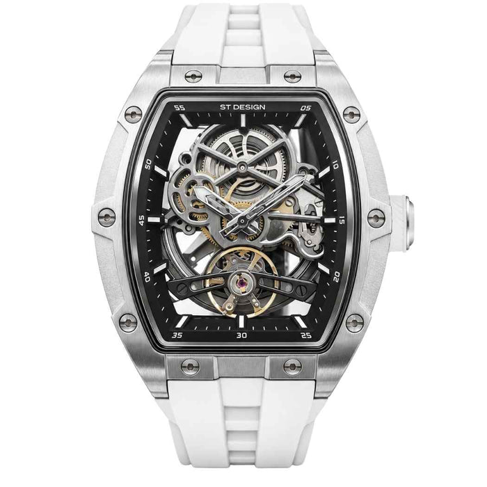 Rechteckige Herrenuhr Skelett mit Silikonarmband Weiss