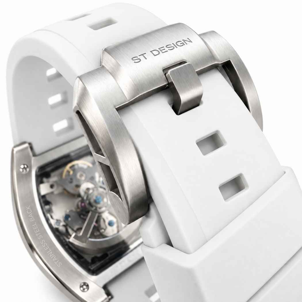 Rechteckige Herrenuhr Skelett mit Silikonarmband Weiss