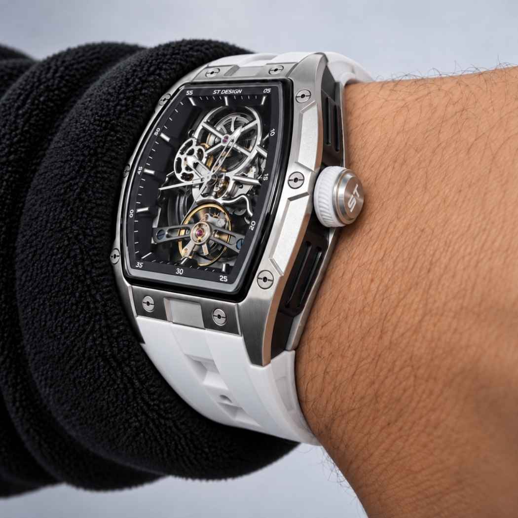 Rechteckige Herrenuhr Skelett mit Silikonarmband Weiss