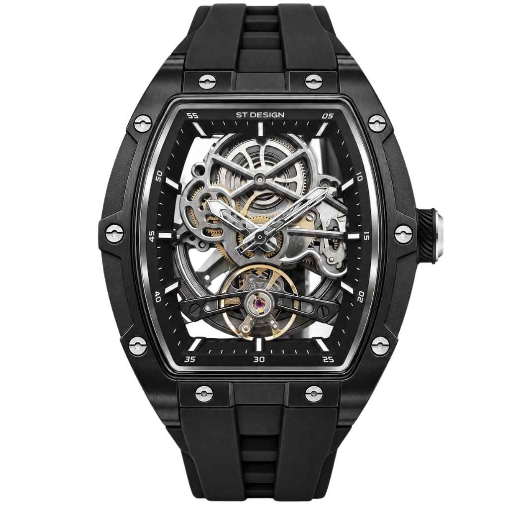 Rechteckige Herrenuhr Skelett mit Silikonarmband Schwarz